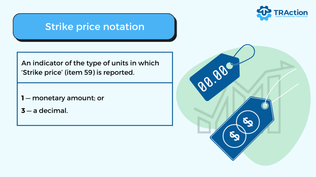 Strike price notation- An indicator of the type of units in which ‘Strike price’ (item 59) is reported. ASIC Rewrite