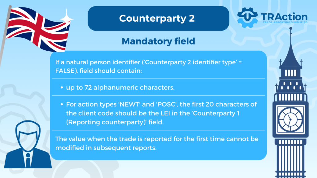 For action types 'NEWT' and 'POSC', the first 20 characters of the client code should be the LEI in the ‘Counterparty 1 (Reporting counterparty)‘ field.